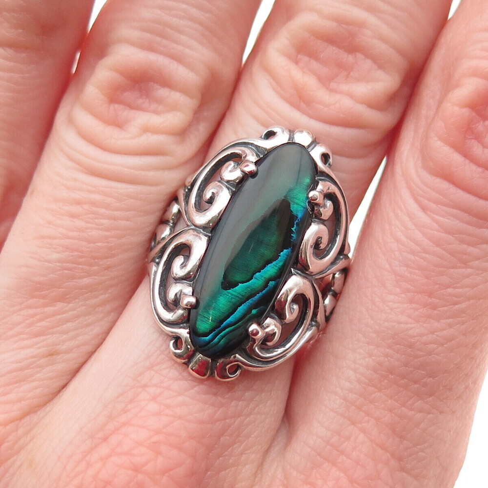 Kabana 925 Sterling Silver Vintage Real Abalone Shell Ornate Ring Size 6.75